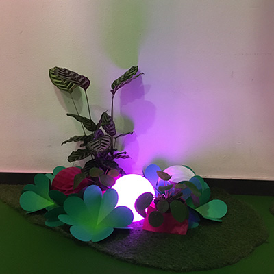 trefle en âêr, boule lumineuse et plante verte formant un petit ilot sur du faux gazon