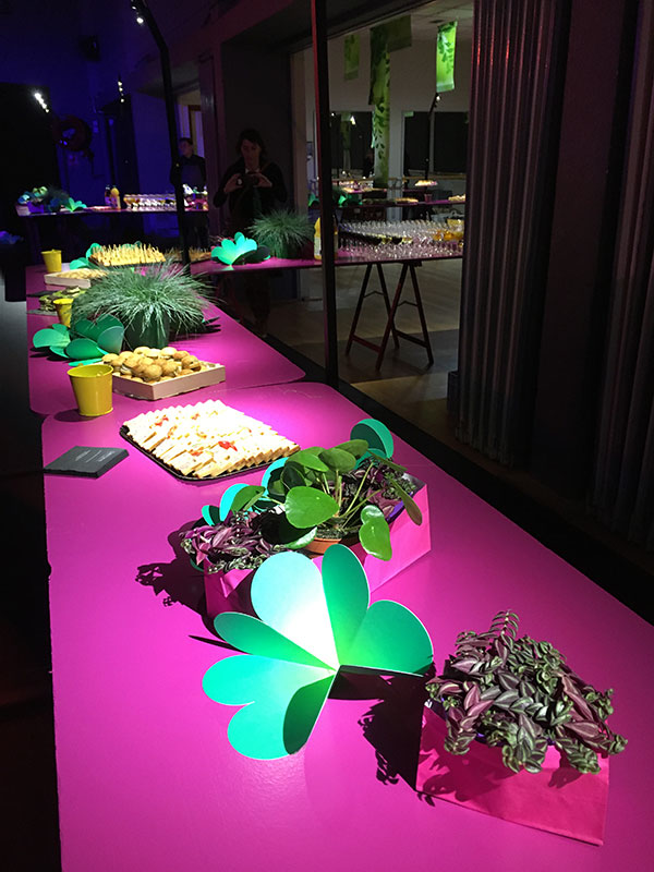 vue du buffet, table rose et déco avec des trefles en papier et des plantes vertes